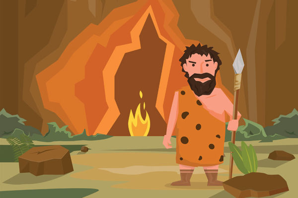 illustration of caveman standing in front of cave