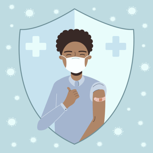 Illustration of person with mask and bandaid after receiving COVID vaccine.